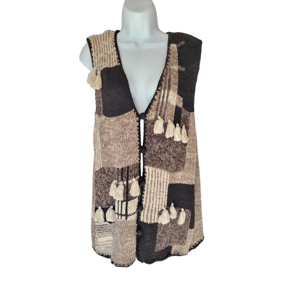 Heirloom Collectible Womens L Patchwork Knit Vest Beige Black Cotton Acrylic Vtg